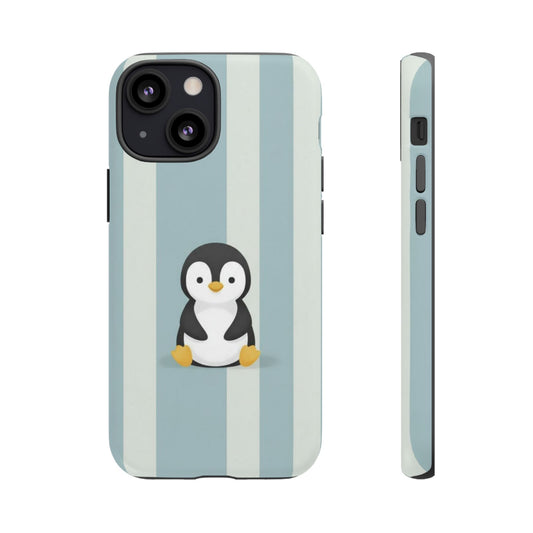 Baby Penguin Sitting Phone Case — Blue Striped Protective Design Cover