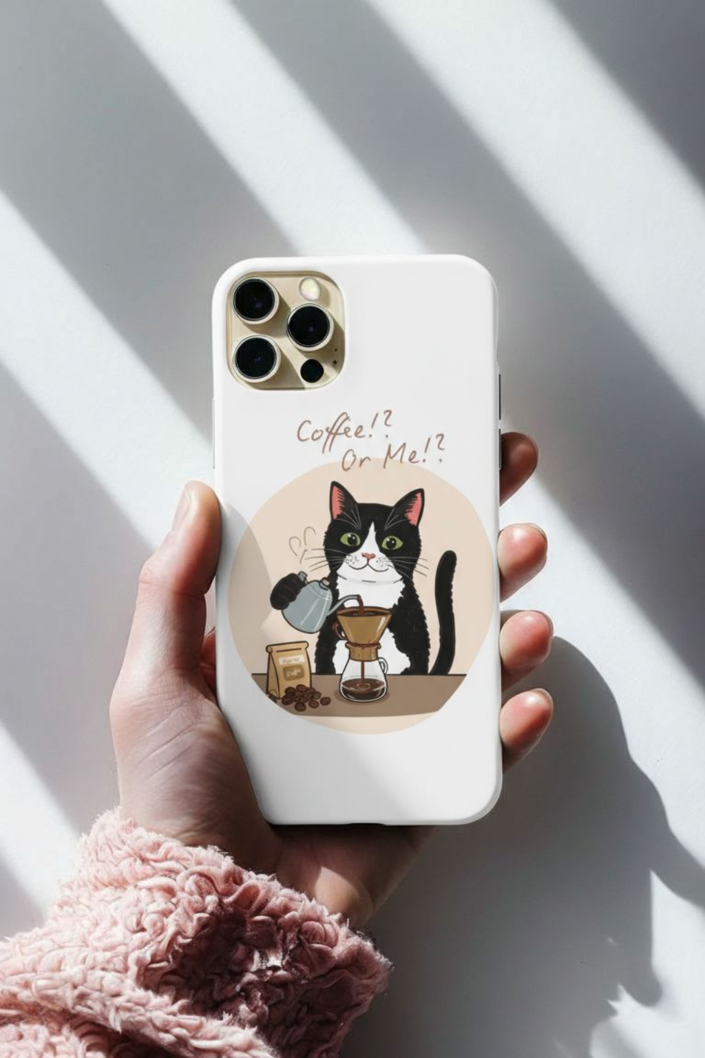 Cat Coffee Phone Case – "Coffee!? Or Me!?" Tuxedo Cat Protective Design Cover