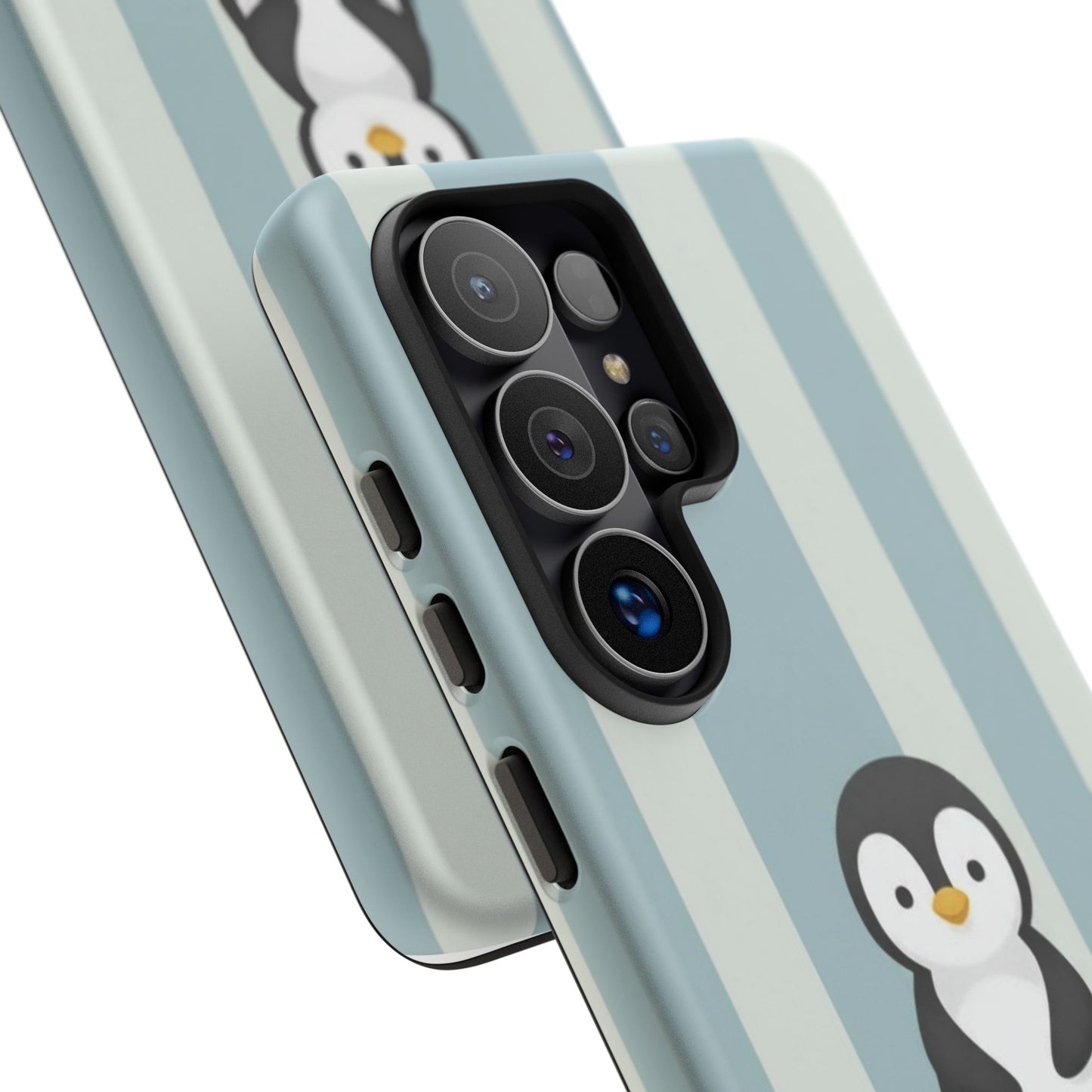 Baby Penguin Sitting Phone Case — Blue Striped Protective Design Cover
