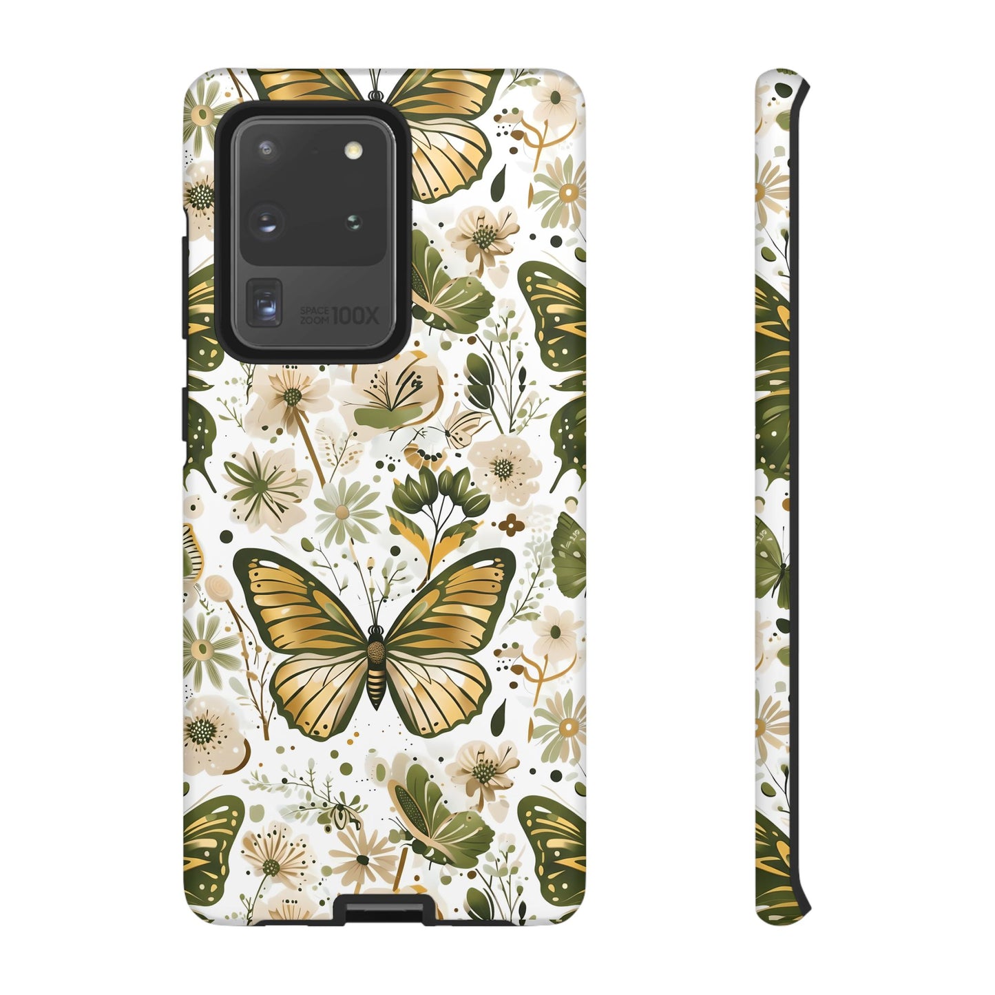 Olive Green & Gold Butterfly Floral Phone Case - Seamless Pattern Design Cover