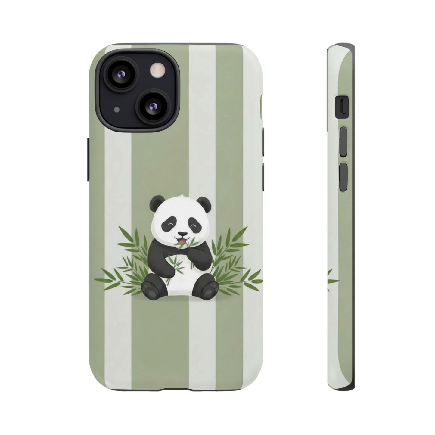 Panda cub Eating Bamboo leaves Phone Case – Olive green Striped Protective Design Cover
