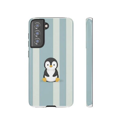 Baby Penguin Sitting Phone Case —  Blue Striped Protective Design Cover