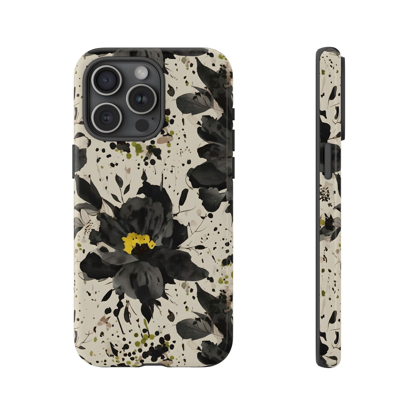 Black Watercolor Floral Phone Case — Seamless Pastel Flower Protective Design Cover