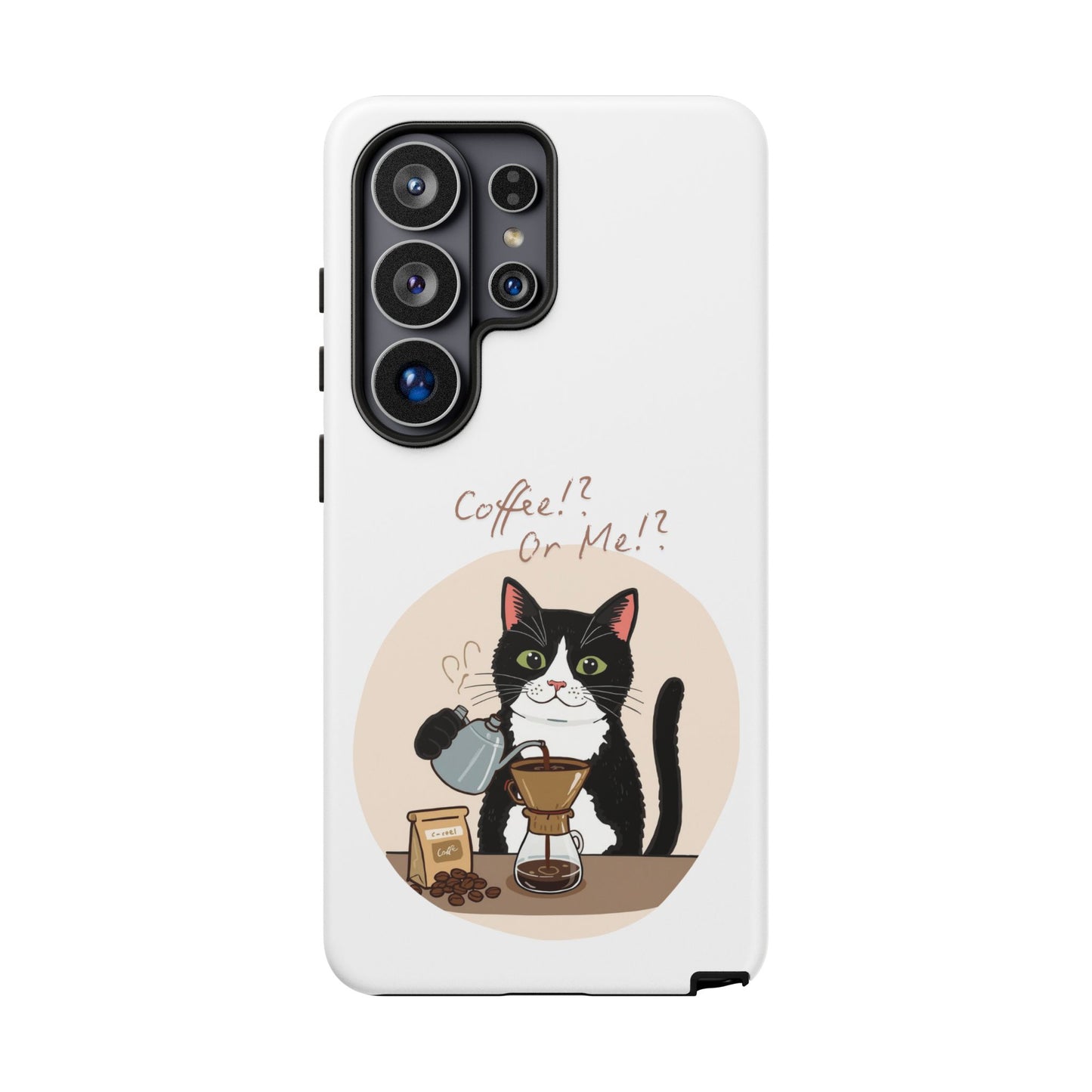 Cat Coffee Phone Case – "Coffee!? Or Me!?" Tuxedo Cat Protective Design Cover