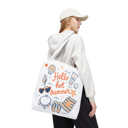 Hello Hot Summer Beach Tote Bag — All-Over Print Vacation Tote with Sunscreen & Seashell Design