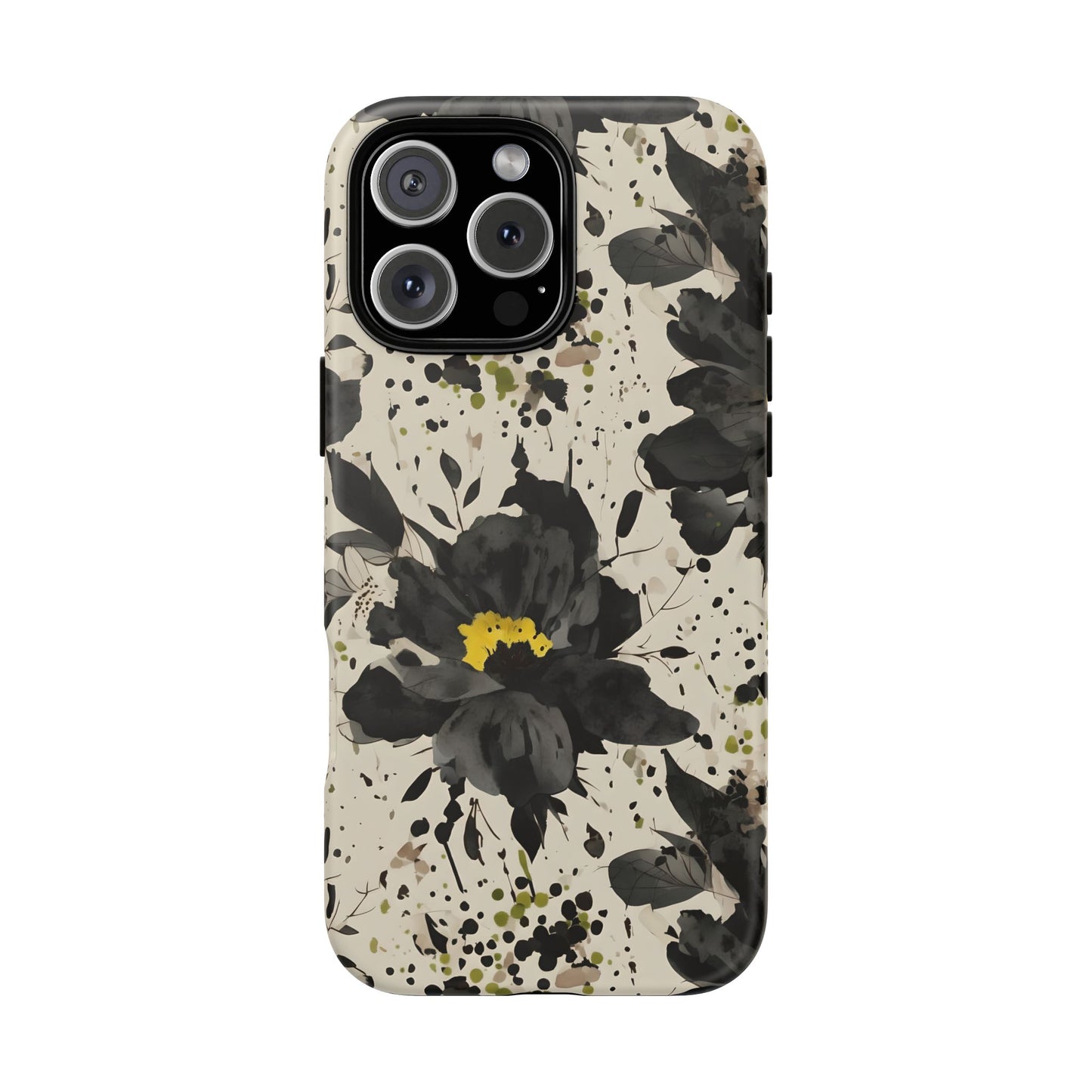 Black Watercolor Floral Phone Case — Seamless Pastel Flower Protective Design Cover