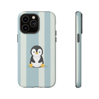 Baby Penguin Sitting Phone Case —  Blue Striped Protective Design Cover