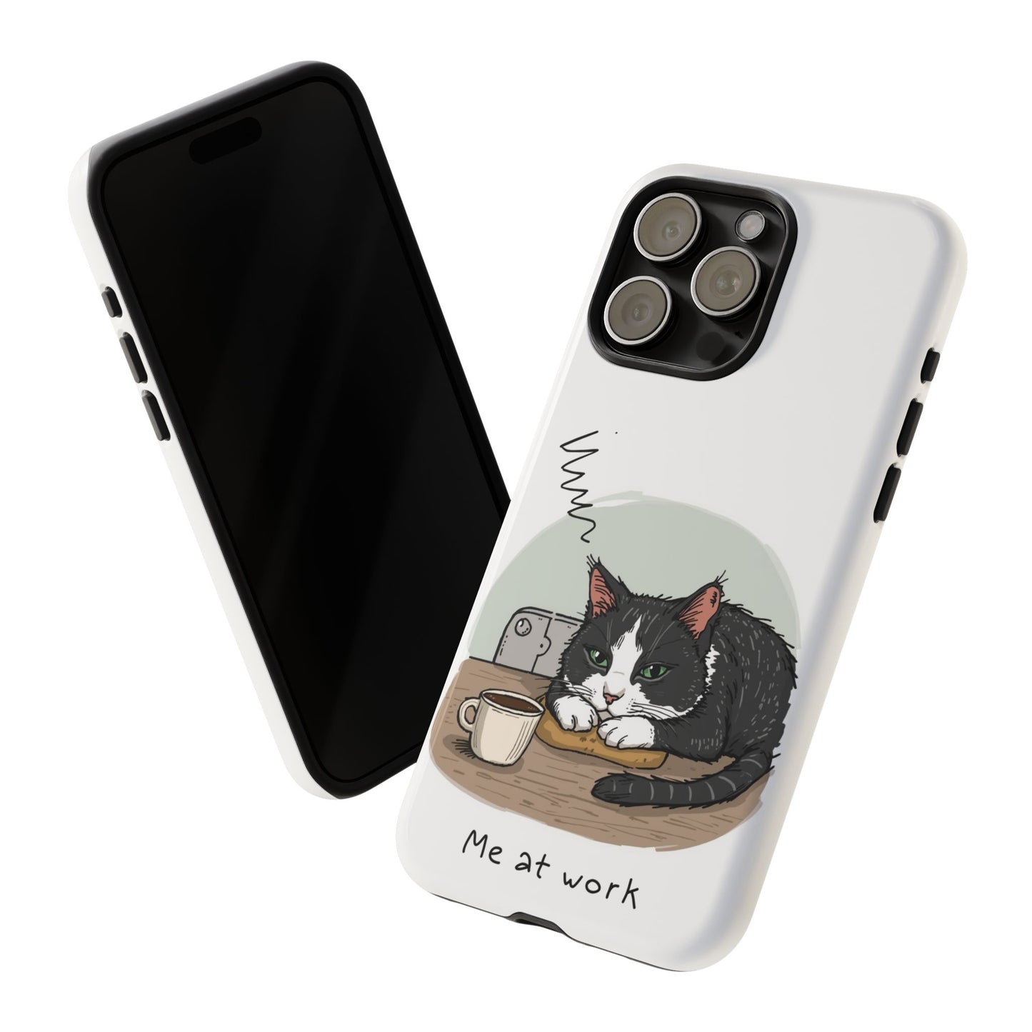 Cat “Me at Work” Phone Case – Tuxedo Cat Coffee Desk Design Cover