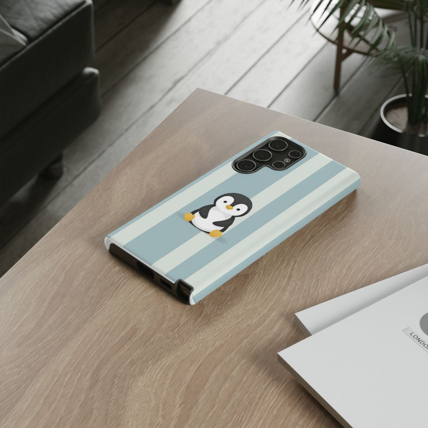 Baby Penguin Sitting Phone Case —  Blue Striped Protective Design Cover