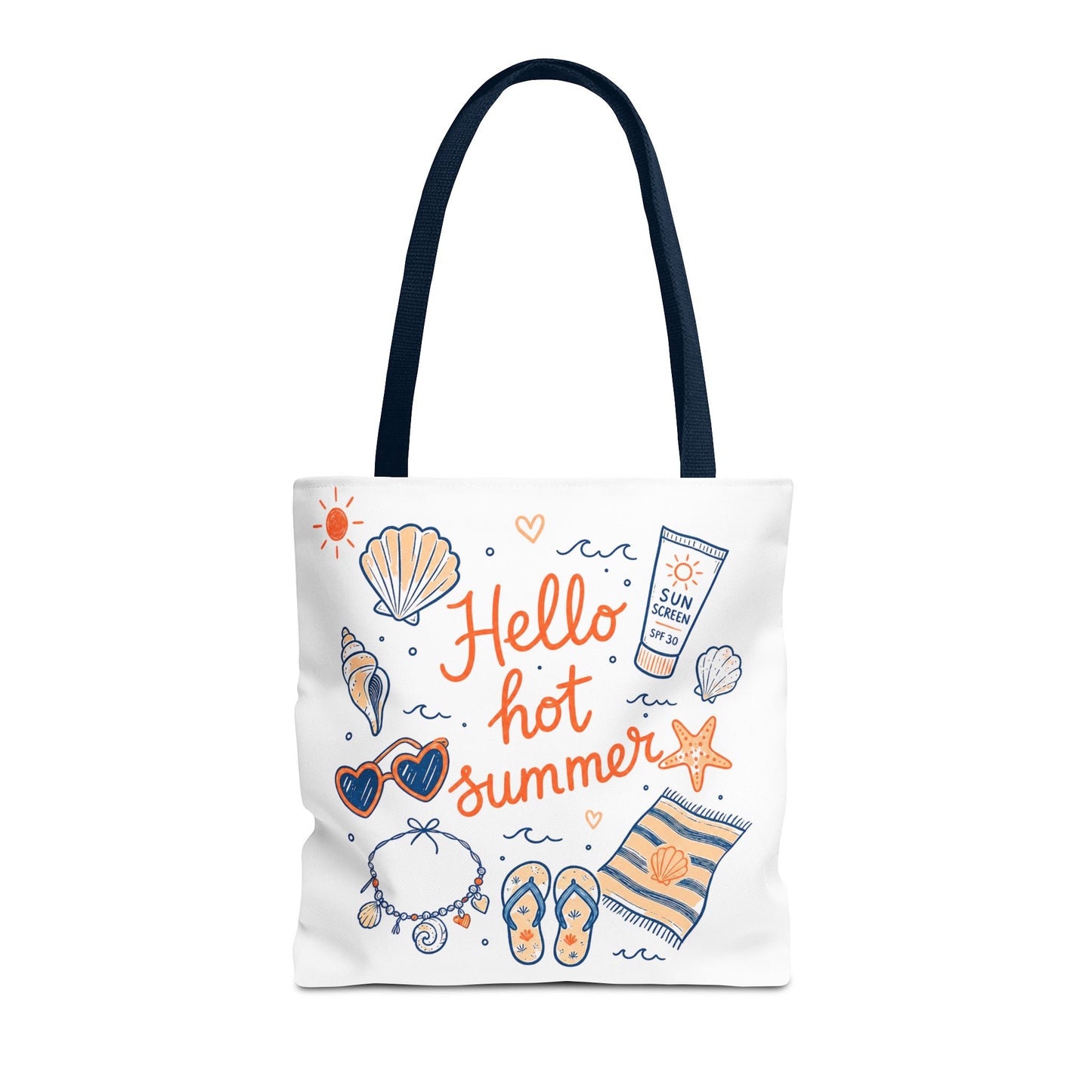 Hello Hot Summer Beach Tote Bag — All-Over Print Vacation Tote with Sunscreen & Seashell Design