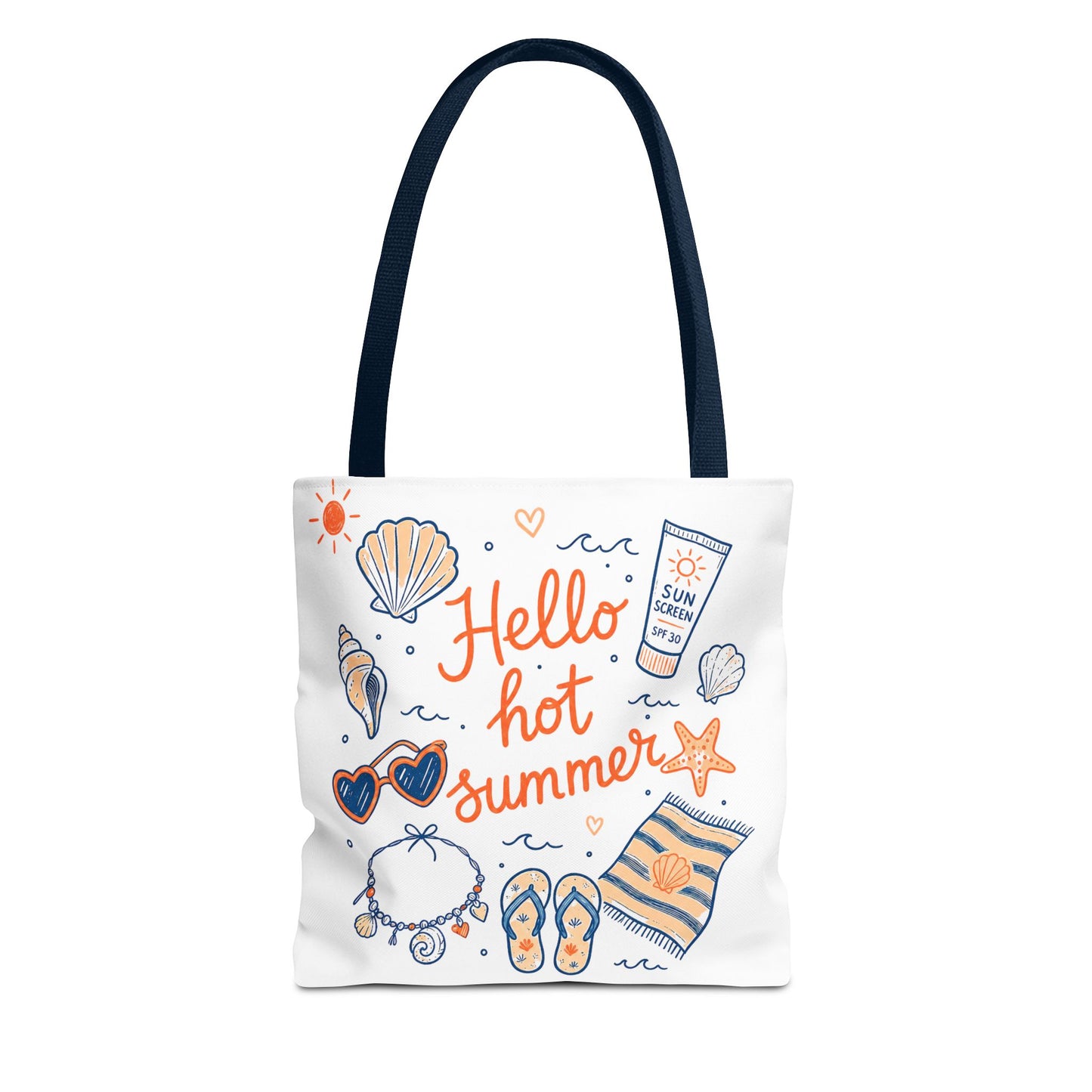Hello Hot Summer Beach Tote Bag — All-Over Print Vacation Tote with Sunscreen & Seashell Design