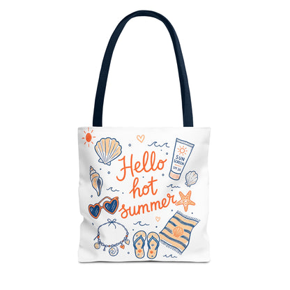 Hello Hot Summer Beach Tote Bag — All-Over Print Vacation Tote with Sunscreen & Seashell Design