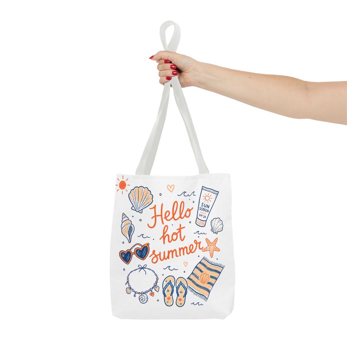 Hello Hot Summer Beach Tote Bag — All-Over Print Vacation Tote with Sunscreen & Seashell Design