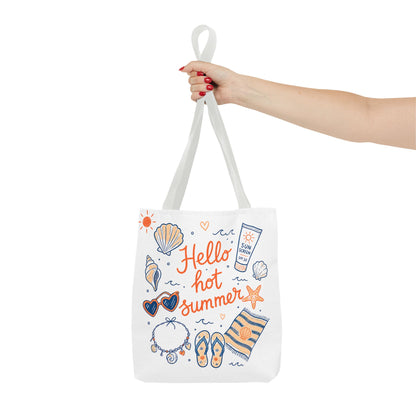 Hello Hot Summer Beach Tote Bag — All-Over Print Vacation Tote with Sunscreen & Seashell Design