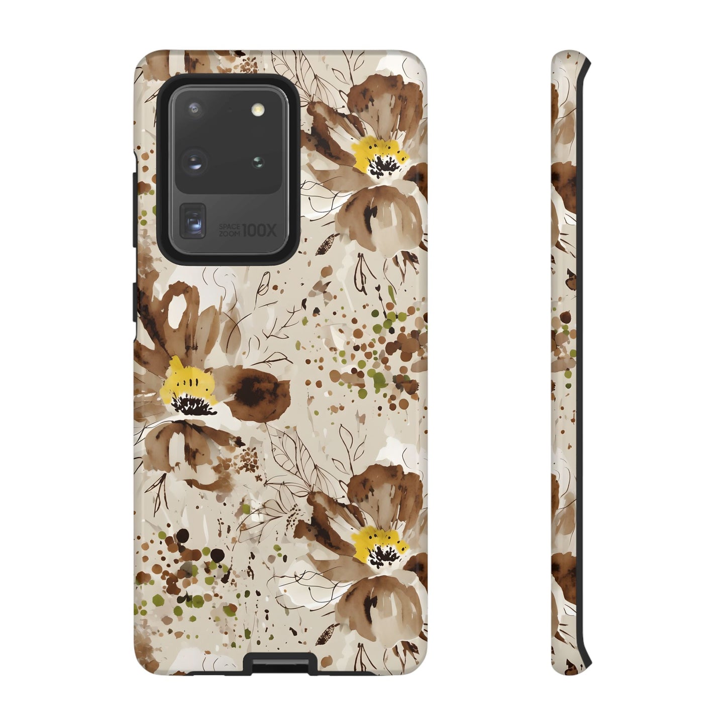 Brown Watercolor Floral Phone Case — Seamless Pastel Flower Protective Design Cover