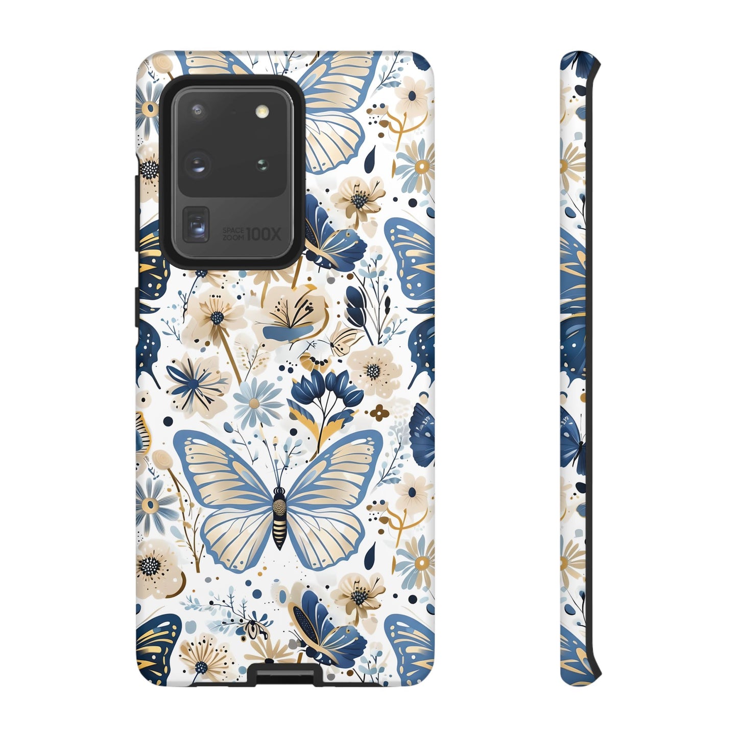 Blue & Gold Butterfly Floral Phone Case - Seamless Pattern Design Cover