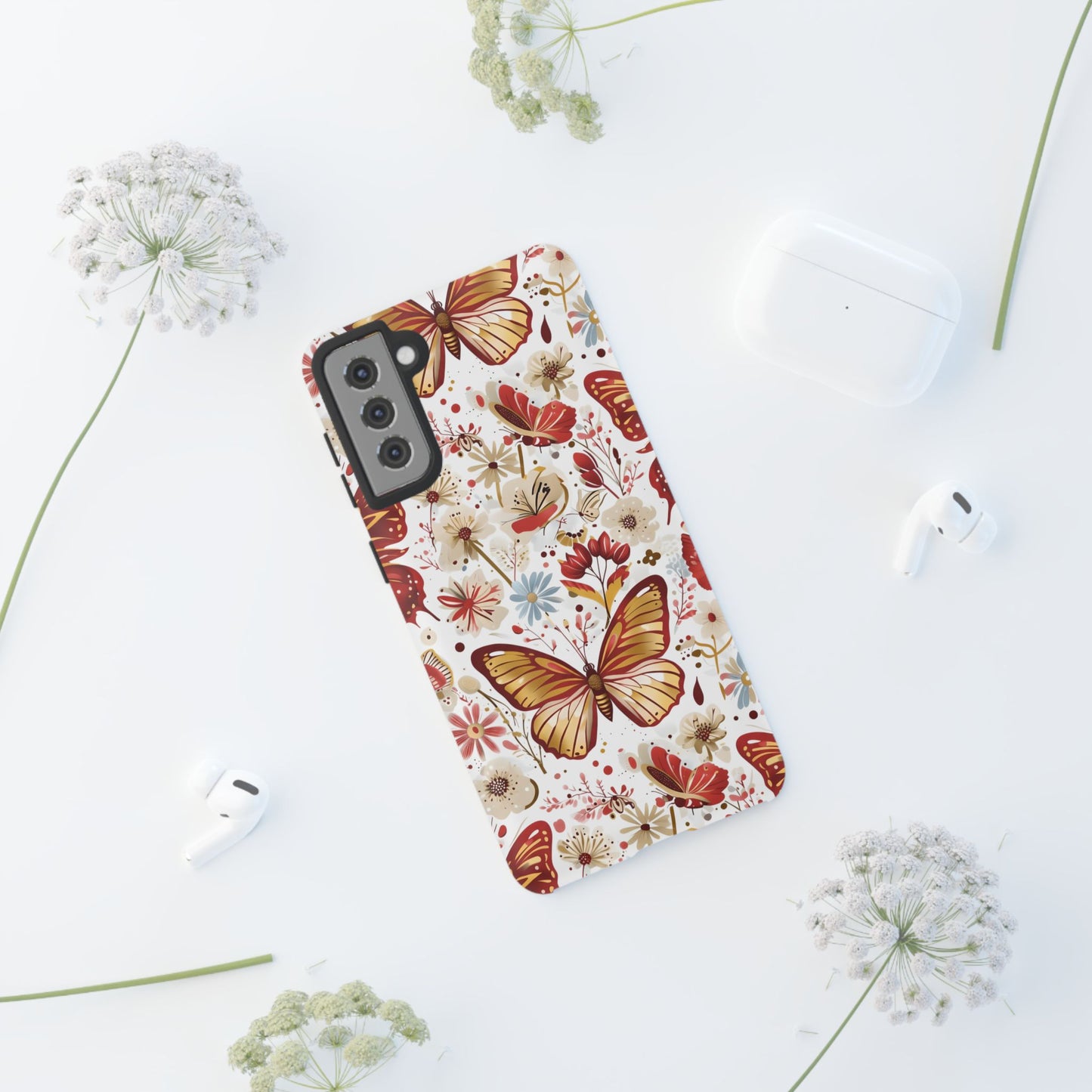 Red & Gold Butterfly Floral Phone Case - Seamless Pattern Design Cover