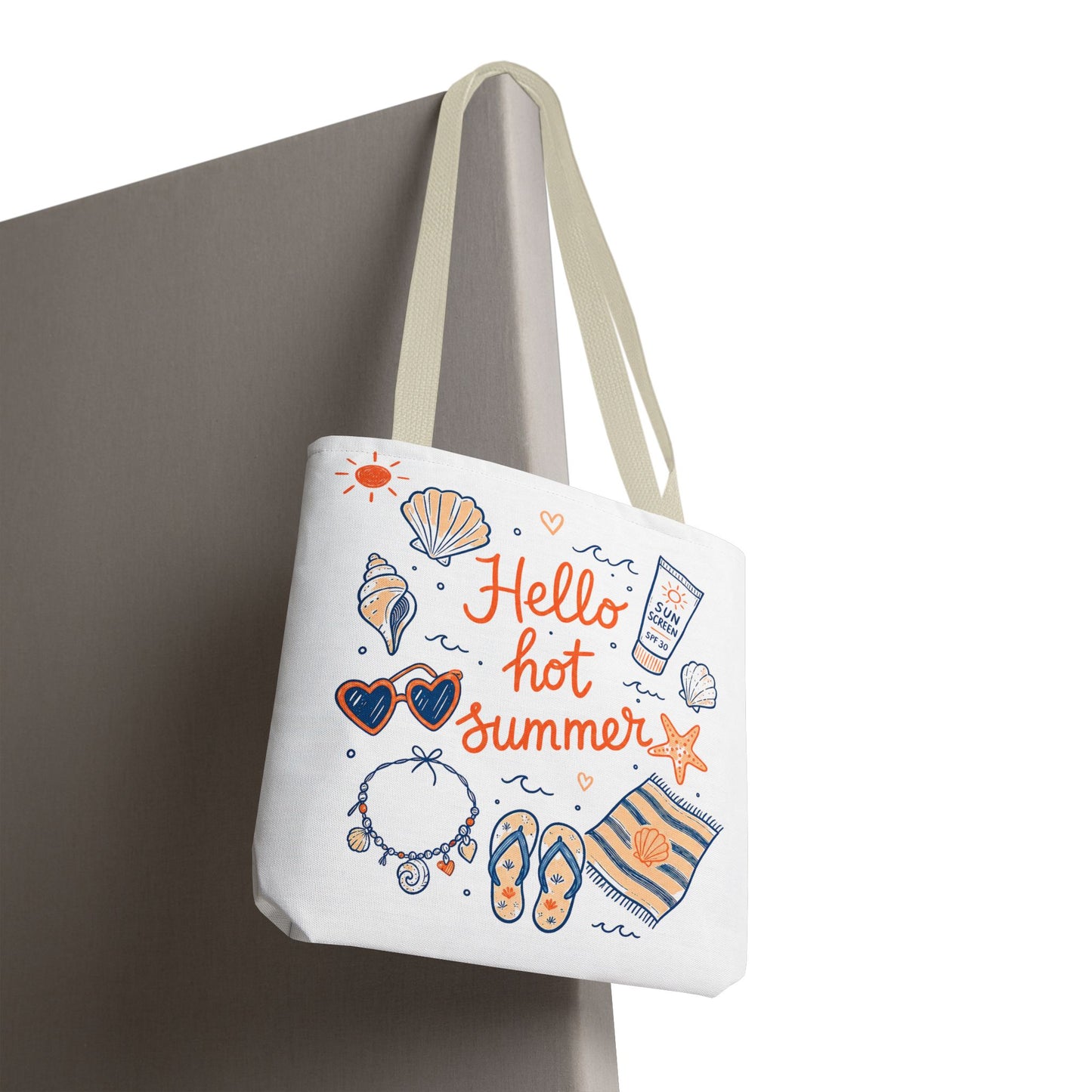 Hello Hot Summer Beach Tote Bag — All-Over Print Vacation Tote with Sunscreen & Seashell Design