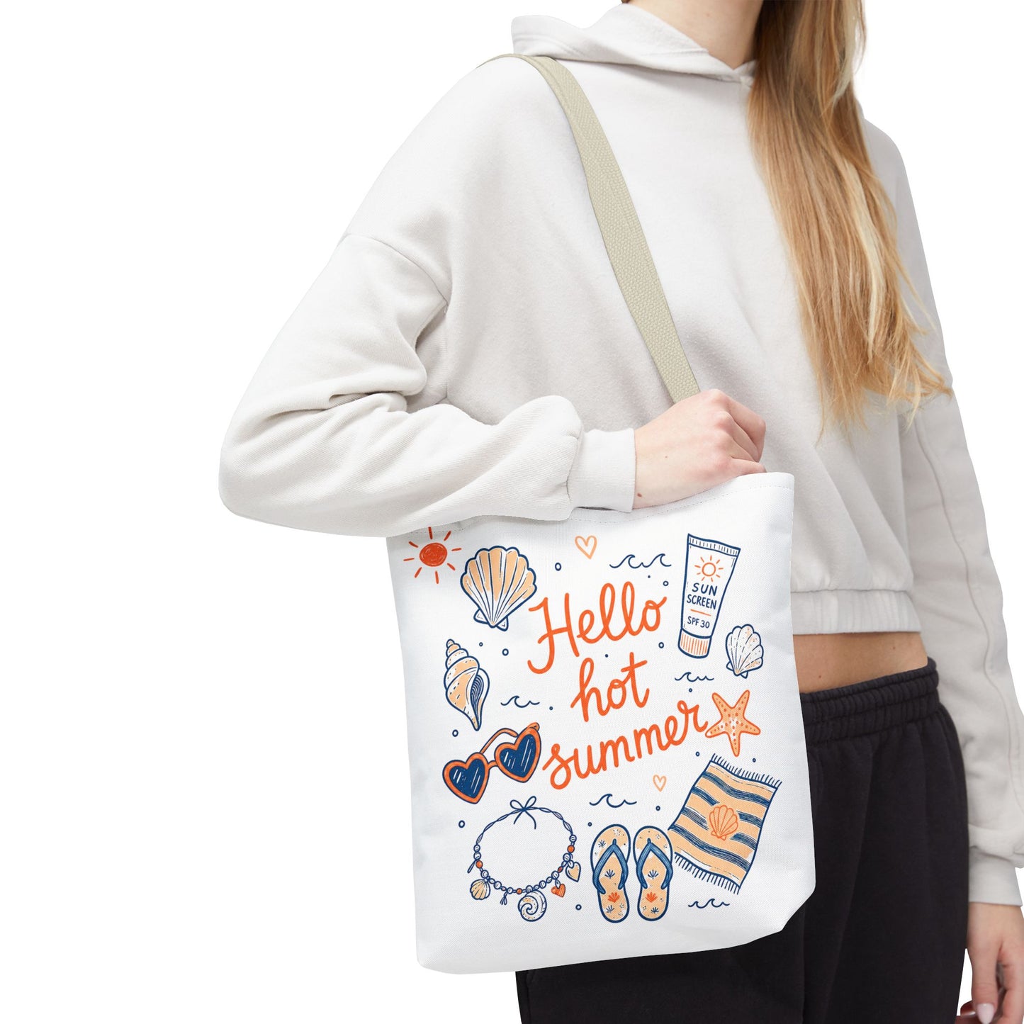 Hello Hot Summer Beach Tote Bag — All-Over Print Vacation Tote with Sunscreen & Seashell Design