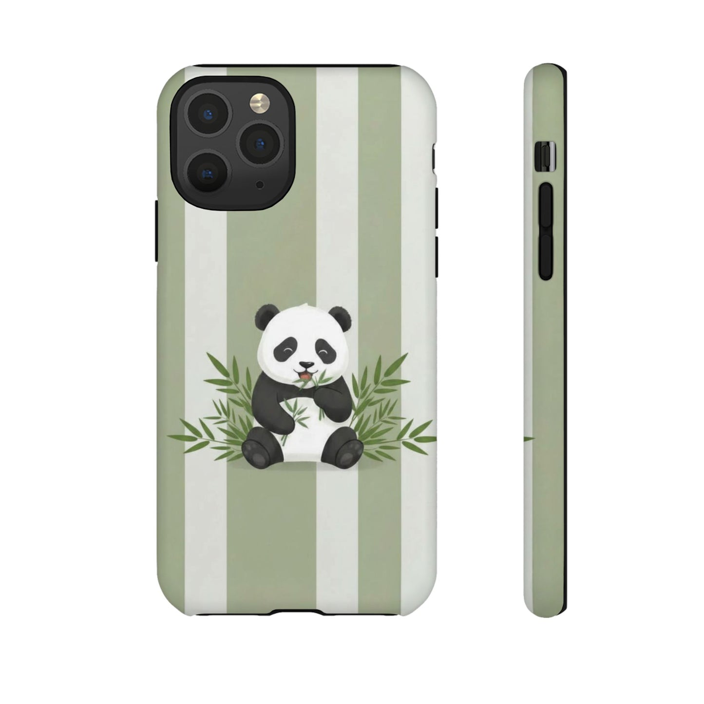 Panda cub Eating Bamboo leaves Phone Case – Olive green Striped Protective Design Cover