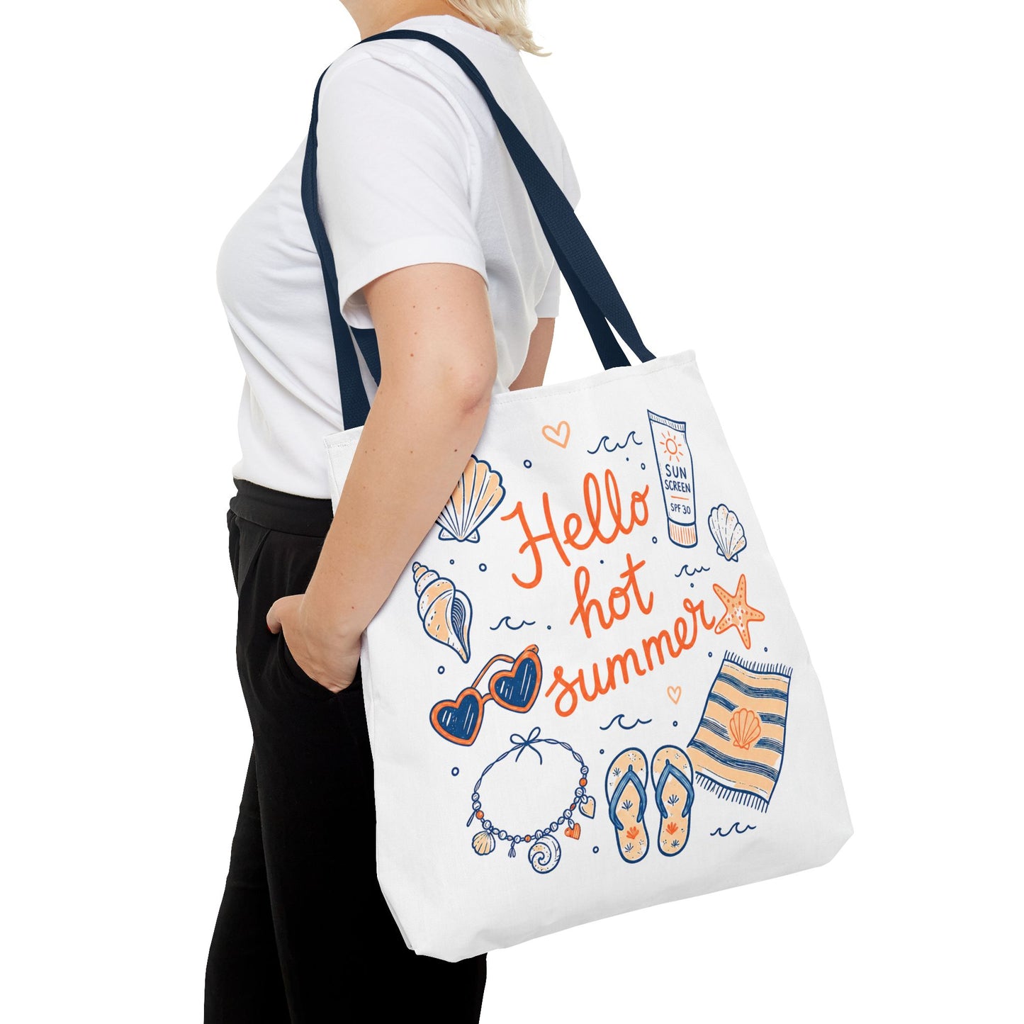 Hello Hot Summer Beach Tote Bag — All-Over Print Vacation Tote with Sunscreen & Seashell Design