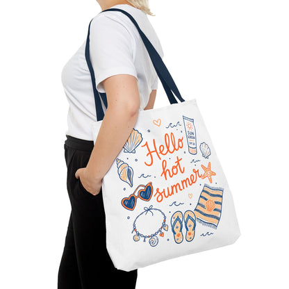 Hello Hot Summer Beach Tote Bag — All-Over Print Vacation Tote with Sunscreen & Seashell Design
