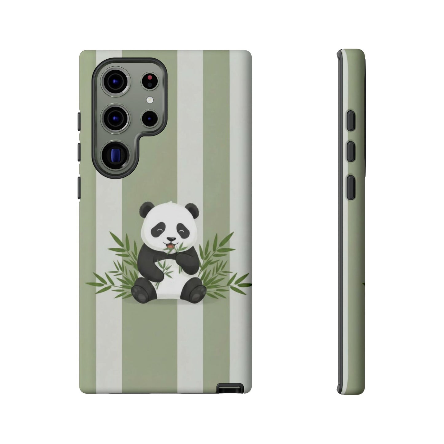 Panda cub Eating Bamboo leaves Phone Case – Olive green Striped Protective Design Cover