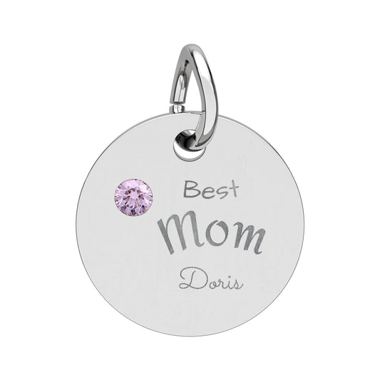 Custom Engravable Birthstone Circle Charm "Best Mom" Pendant