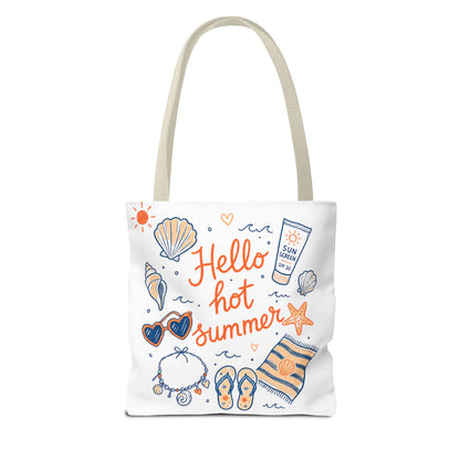 Hello Hot Summer Beach Tote Bag — All-Over Print Vacation Tote with Sunscreen & Seashell Design