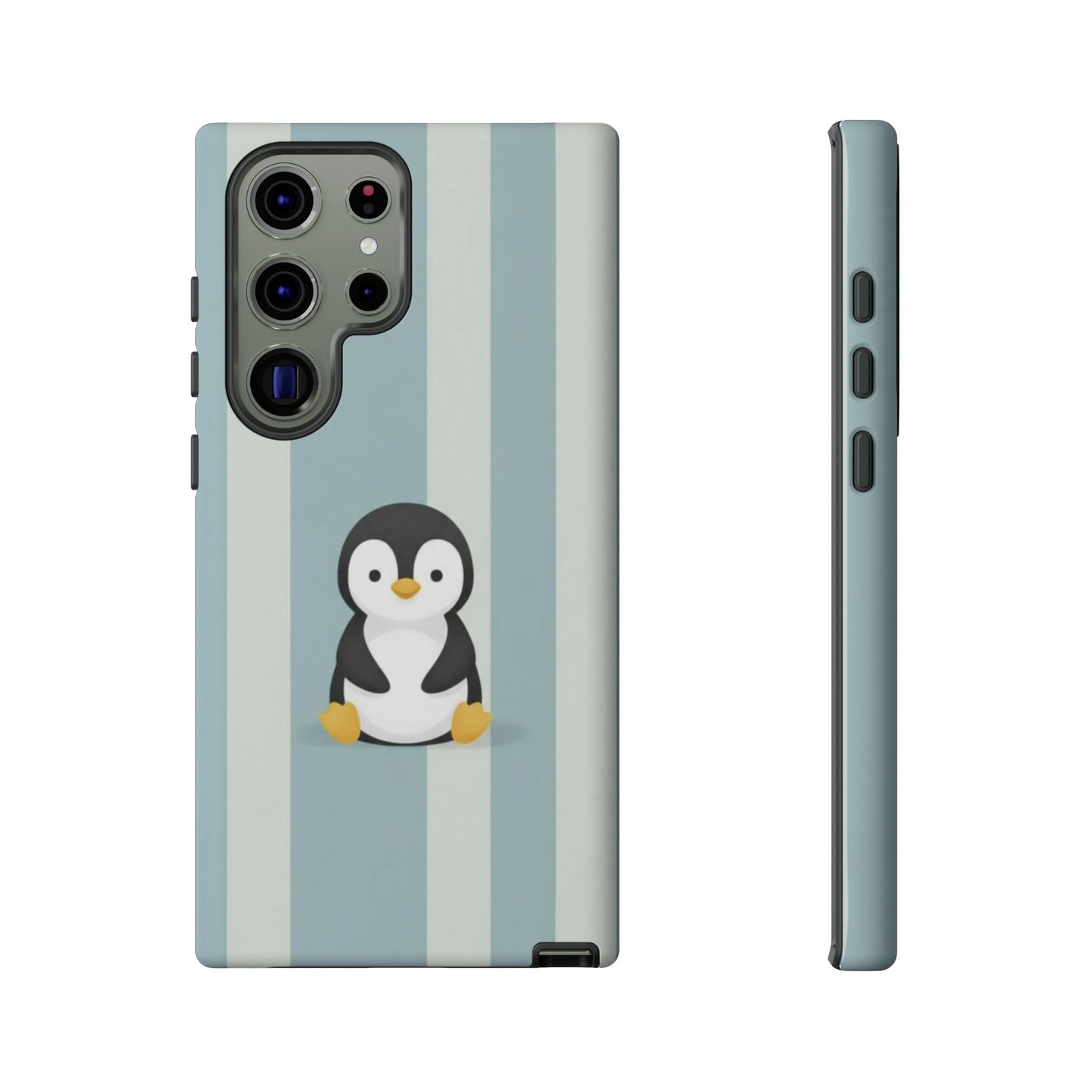 Baby Penguin Sitting Phone Case —  Blue Striped Protective Design Cover