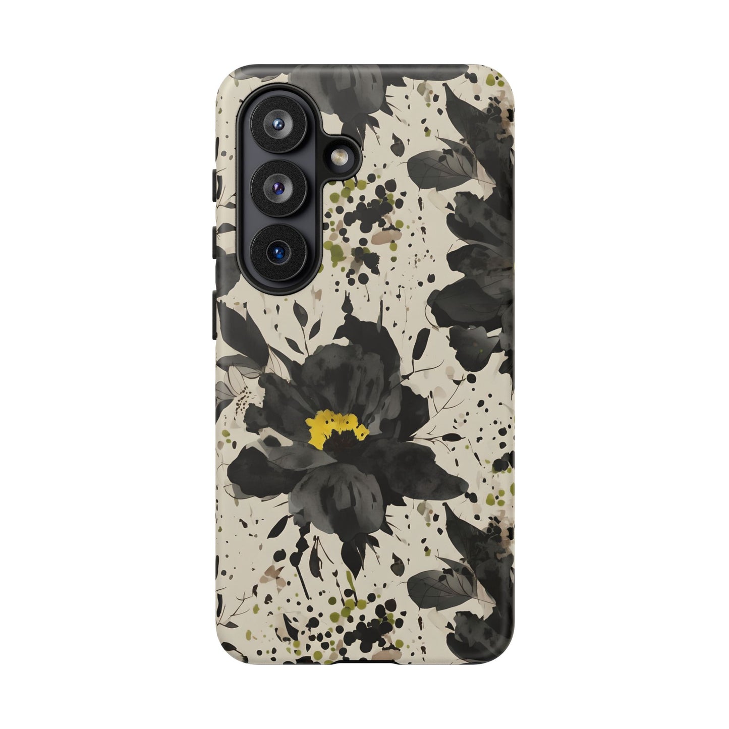 Black Watercolor Floral Phone Case — Seamless Pastel Flower Protective Design Cover