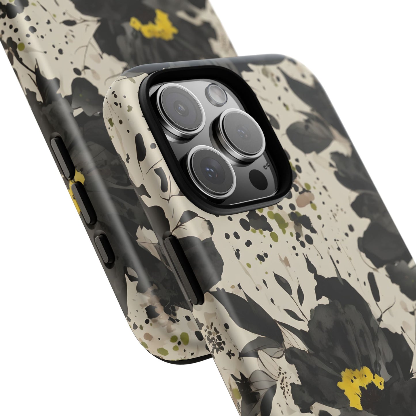 Black Watercolor Floral Phone Case — Seamless Pastel Flower Protective Design Cover