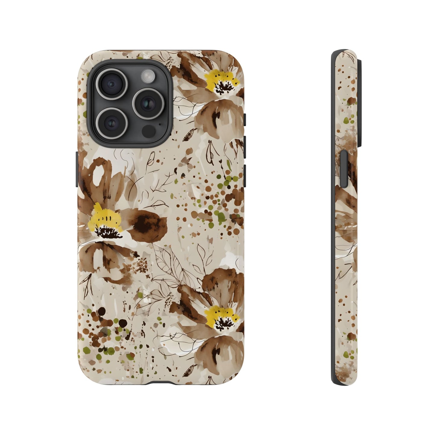 Brown Watercolor Floral Phone Case — Seamless Pastel Flower Protective Design Cover