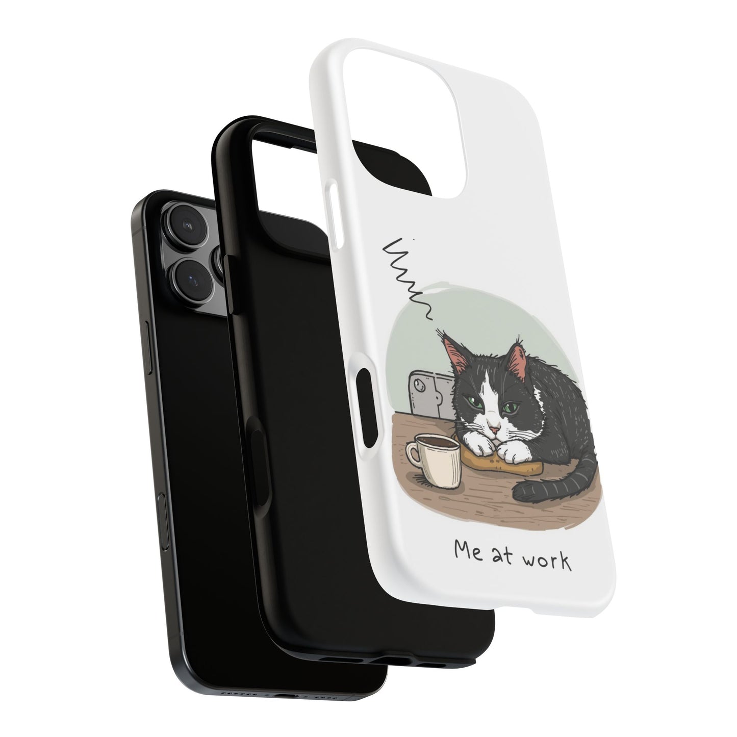 Cat “Me at Work” Phone Case – Tuxedo Cat Coffee Desk Design Cover