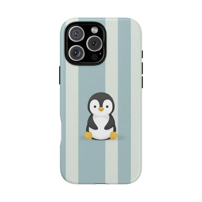 Baby Penguin Sitting Phone Case —  Blue Striped Protective Design Cover