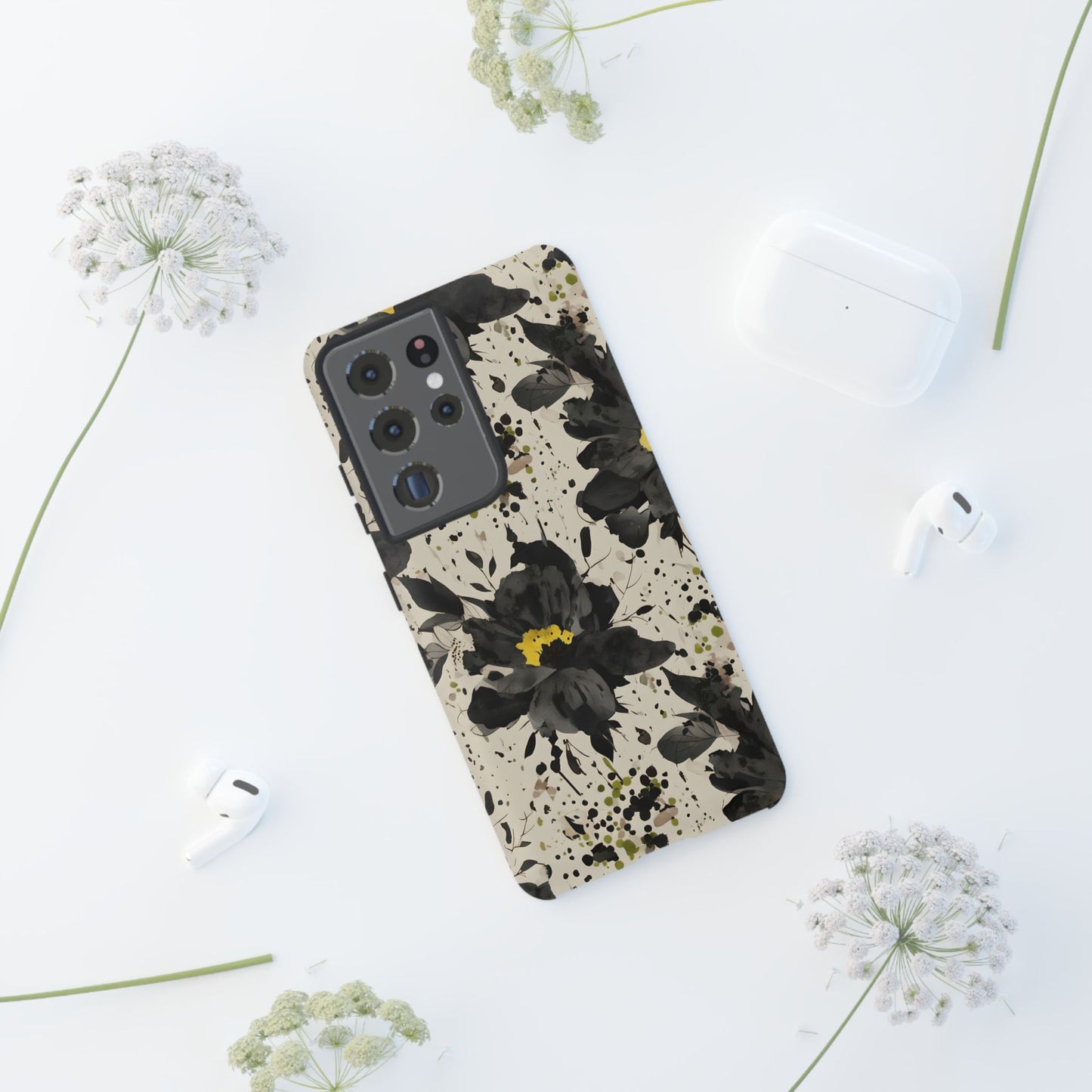 Black Watercolor Floral Phone Case — Seamless Pastel Flower Protective Design Cover