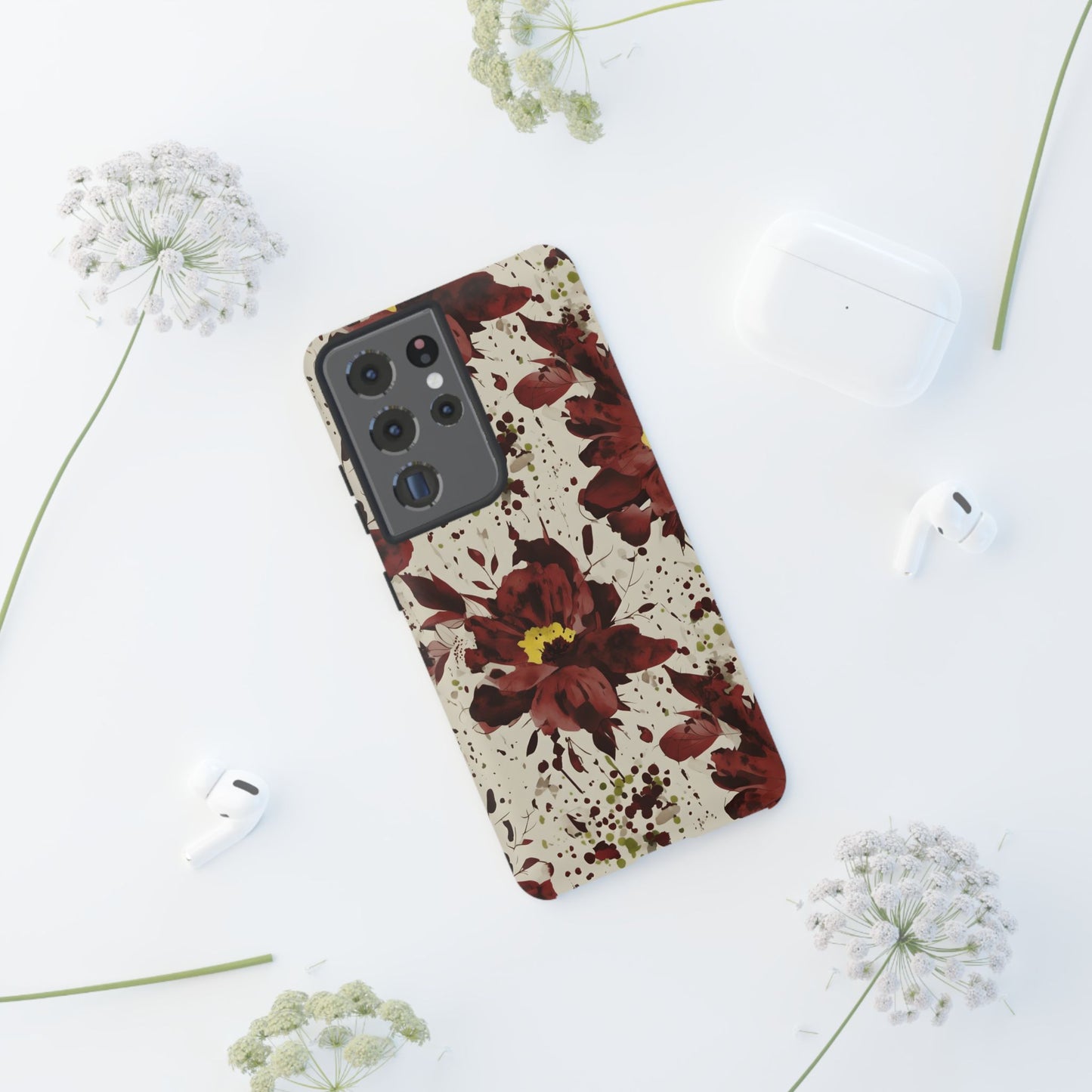 Royral Red Watercolor Floral Phone Case — Seamless Pastel Flower Protective Design Cover