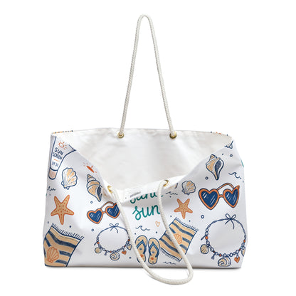 Salt Sand Sun Weekender Bag — Beach Tote with Seashells & Sunglasses Print