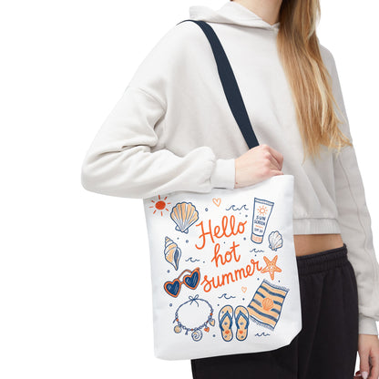 Hello Hot Summer Beach Tote Bag — All-Over Print Vacation Tote with Sunscreen & Seashell Design