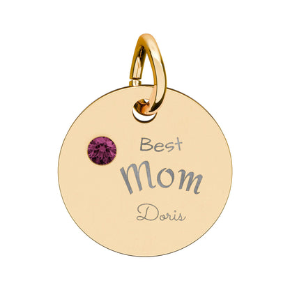 Custom Engravable Birthstone Circle Charm "Best Mom" Pendant