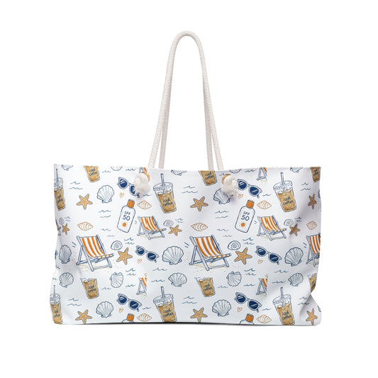 Beach Pattern Weekender Bag — Seashells, Sun Lotion & Chair Travel Tote