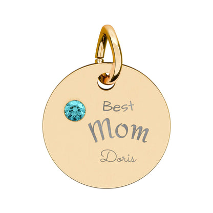 Custom Engravable Birthstone Circle Charm "Best Mom" Pendant