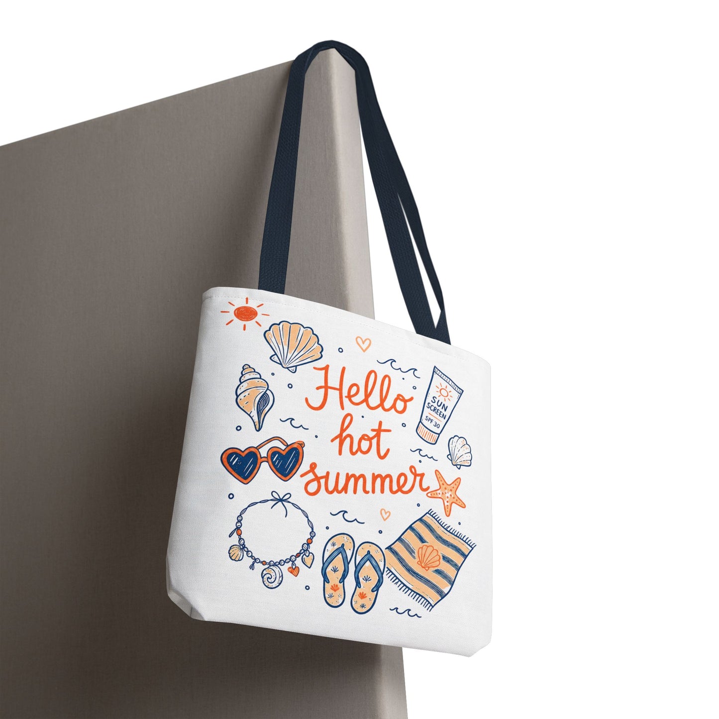 Hello Hot Summer Beach Tote Bag — All-Over Print Vacation Tote with Sunscreen & Seashell Design