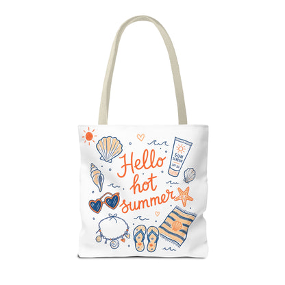 Hello Hot Summer Beach Tote Bag — All-Over Print Vacation Tote with Sunscreen & Seashell Design