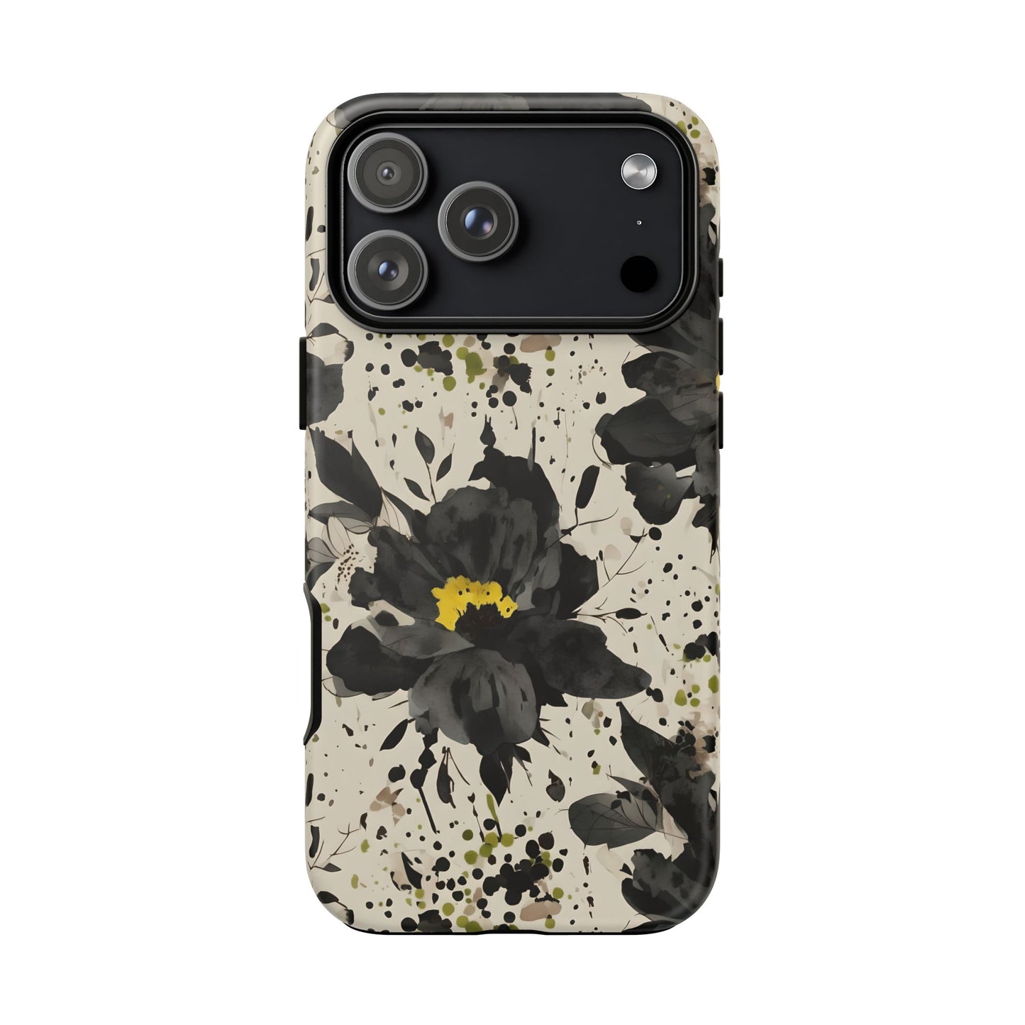 Black Watercolor Floral Phone Case — Seamless Pastel Flower Protective Design Cover