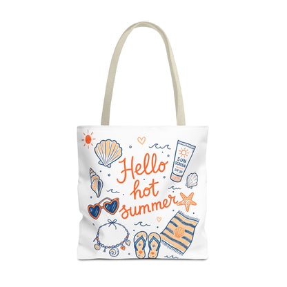 Hello Hot Summer Beach Tote Bag — All-Over Print Vacation Tote with Sunscreen & Seashell Design