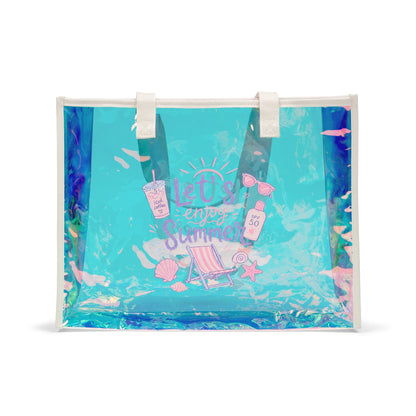Holographic Beach Tote Bag — 'Let’s Enjoy Summer' Clear Iridescent Pool Bag