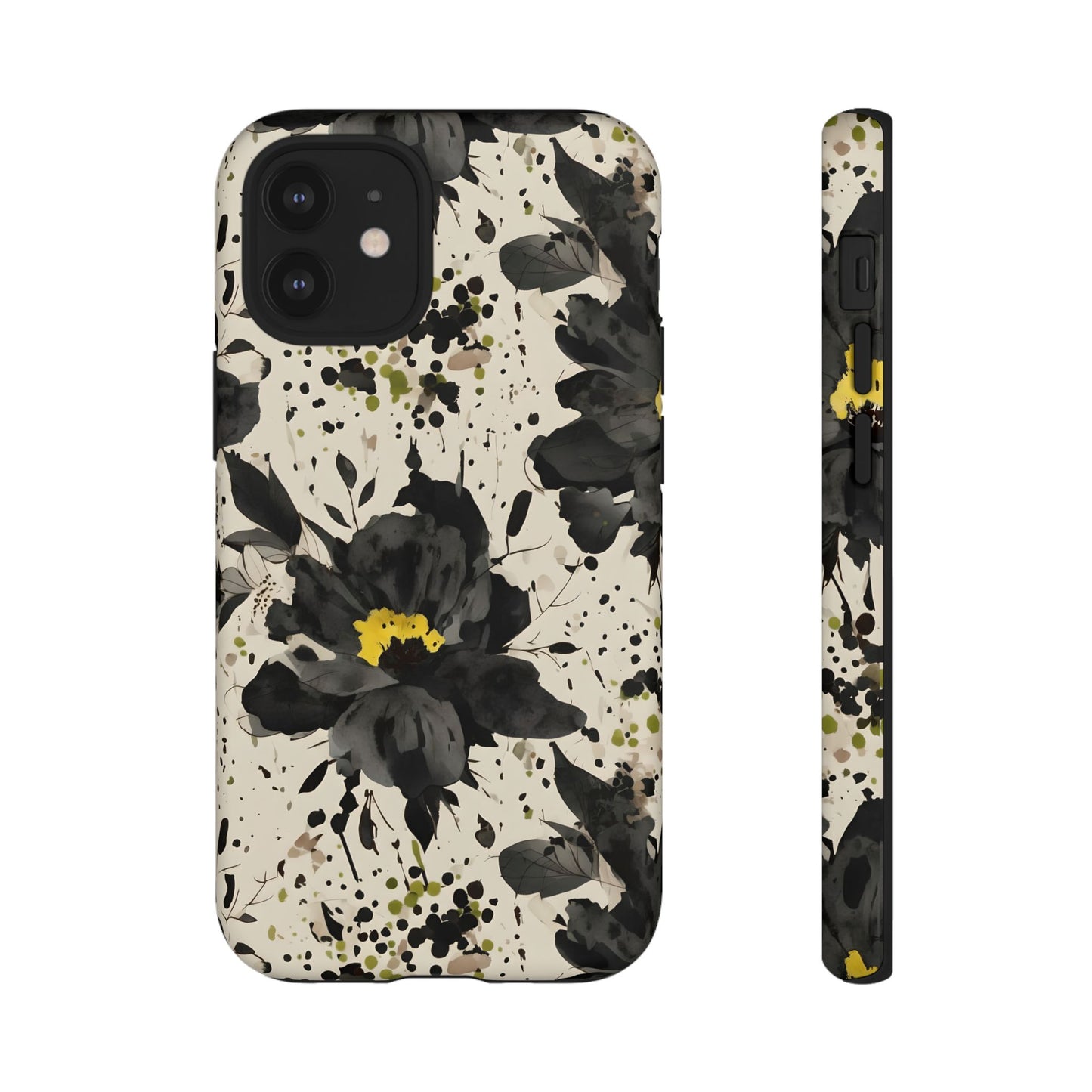 Black Watercolor Floral Phone Case — Seamless Pastel Flower Protective Design Cover