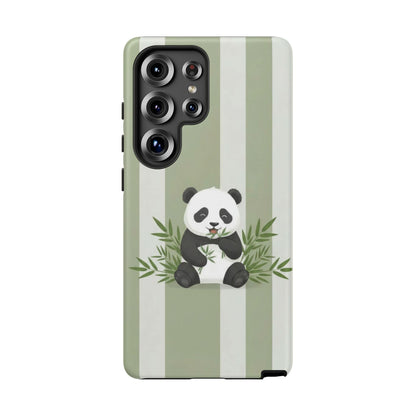 Panda cub Eating Bamboo leaves Phone Case – Olive green Striped Protective Design Cover