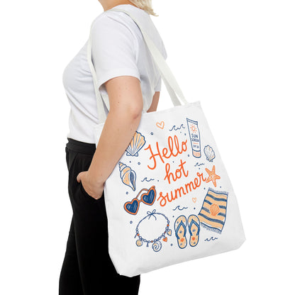 Hello Hot Summer Beach Tote Bag — All-Over Print Vacation Tote with Sunscreen & Seashell Design